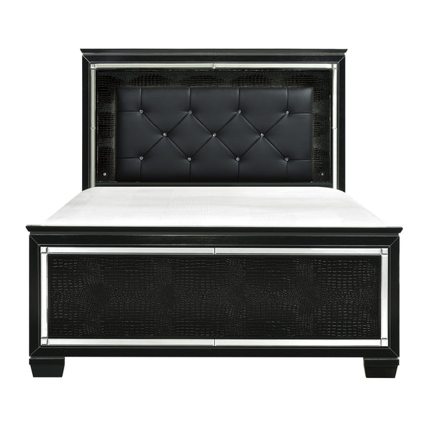 English Elm Black Allura Queen Bed with LED Backlit Tufted Headboard, Beveled Mirror Frame, Faux Alligator Embossed Panels Black 70 L x 38.25 W x 4.5 H B011S00153