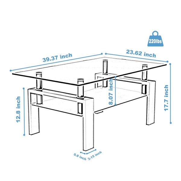 English Elm Rectangle Dual Tier Tempered Glass Coffee Table Iron Frame Modern Living Room W24135189