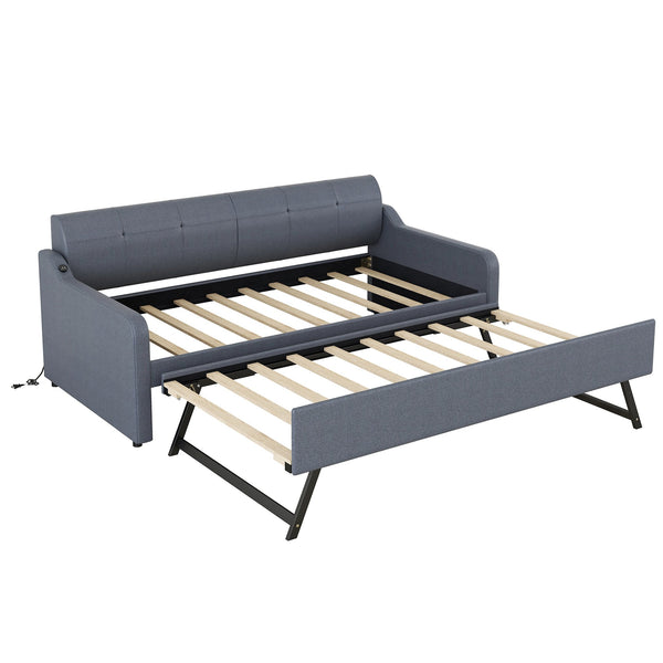 English Elm Twin Upholstery Daybed with Pull-Out Trundle, USB Charging Armrest, Sturdy Frame & Elegant Silhouette Gray GX000525AAE