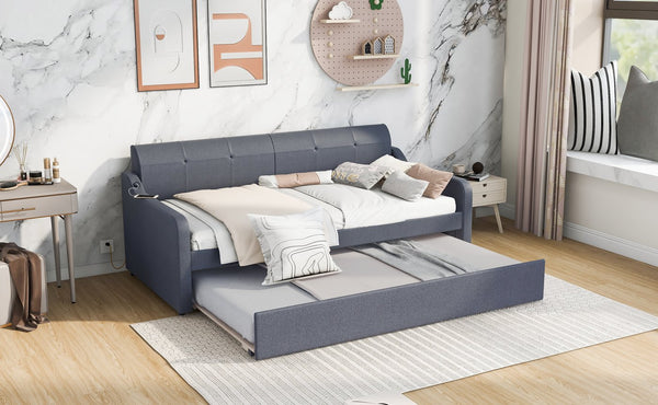English Elm Twin Upholstery Daybed with Pull-Out Trundle, USB Charging Armrest, Sturdy Frame & Elegant Silhouette Gray GX000525AAE