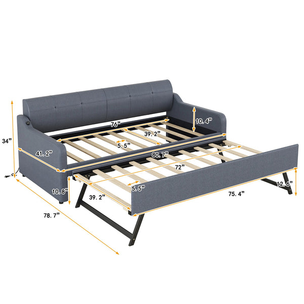 English Elm Twin Upholstery Daybed with Pull-Out Trundle, USB Charging Armrest, Sturdy Frame & Elegant Silhouette Gray GX000525AAE
