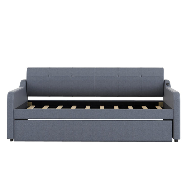 English Elm Twin Upholstery Daybed with Pull-Out Trundle, USB Charging Armrest, Sturdy Frame & Elegant Silhouette Gray GX000525AAE