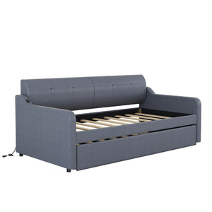 English Elm Twin Upholstery Daybed with Pull-Out Trundle, USB Charging Armrest, Sturdy Frame & Elegant Silhouette Gray GX000525AAE