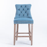 Velvet Upholstered Barstools with Button Tufted Decoration, Wooden Legs, Chrome Nailhead Trim, Set of 2, Light Blue