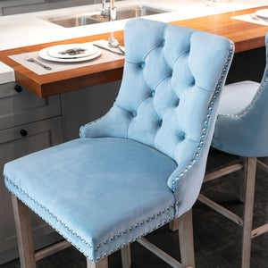 English Elm Contemporary Velvet Upholstered Barstool with Button Tufting, Solid Wood Frame, High-Rebound Foam Cushion and Chrome Nailhead Trim for Durable Comfort and Style Light Blue W1143P177582