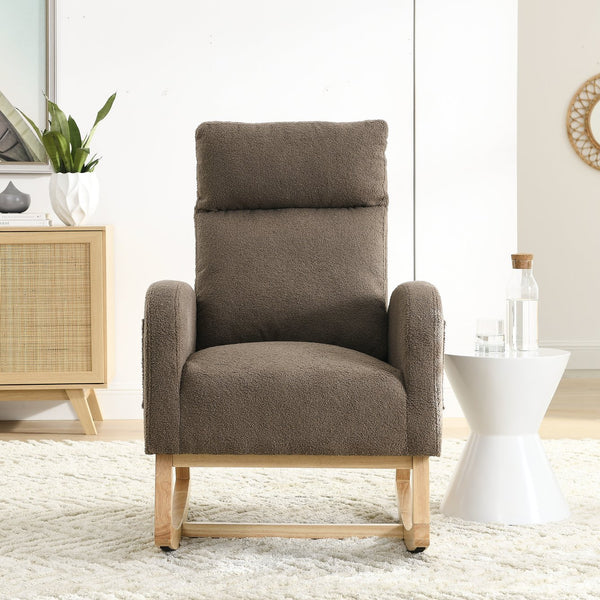 English Elm Welike Single-Position Rocking Chair with Teddy Fleece Upholstery, High Back Comfort & Side Pocket Coffee W83472308