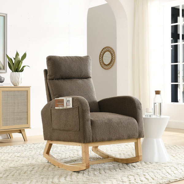 English Elm Welike Single-Position Rocking Chair with Teddy Fleece Upholstery, High Back Comfort & Side Pocket Coffee W83472308