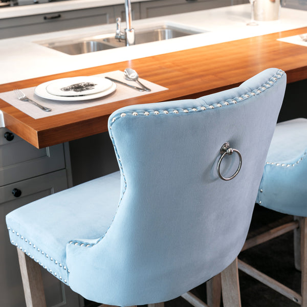 English Elm Contemporary Velvet Upholstered Barstool with Button Tufting, Solid Wood Frame, High-Rebound Foam Cushion and Chrome Nailhead Trim for Durable Comfort and Style Light Blue W1143P177582