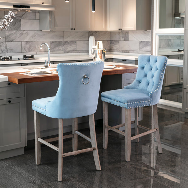 English Elm Contemporary Velvet Upholstered Barstool with Button Tufting, Solid Wood Frame, High-Rebound Foam Cushion and Chrome Nailhead Trim for Durable Comfort and Style Light Blue W1143P177582