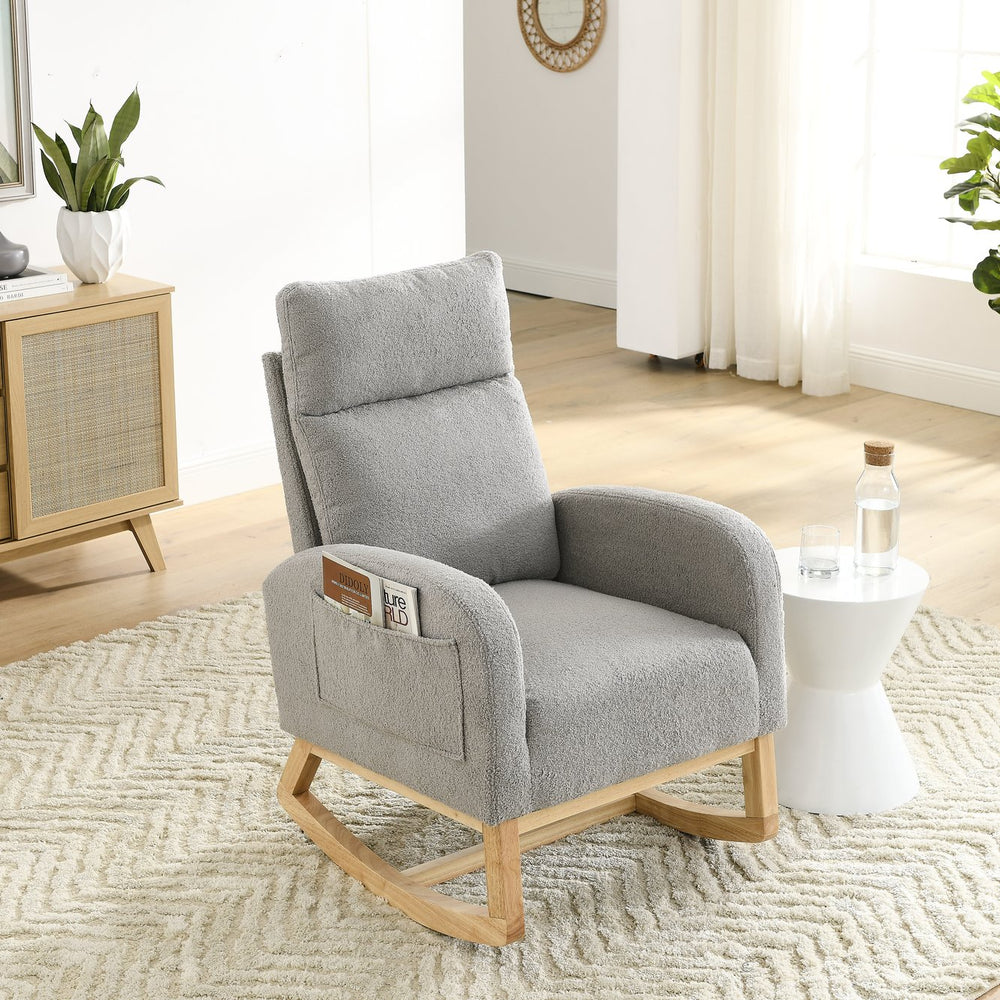 English Elm Welike Single-Position Rocking Chair with Teddy Fleece Upholstery, High Back Comfort & Side Pocket Grey Teddy W83472306