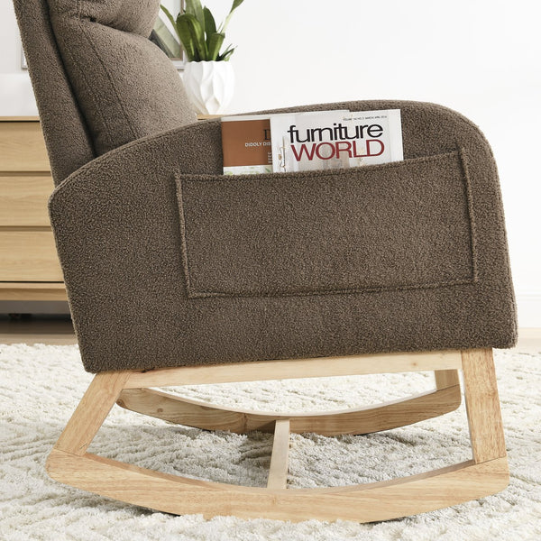 English Elm Welike Single-Position Rocking Chair with Teddy Fleece Upholstery, High Back Comfort & Side Pocket Coffee W83472308