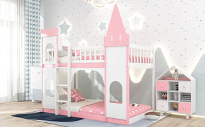 English Elm Twin Over Castle Bunk Bed Solid Pine Frame Kids Playroom Storybook Design LT000799AAH