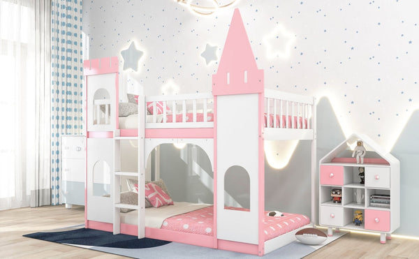 English Elm Twin Over Castle Bunk Bed Solid Pine Frame Kids Playroom Storybook Design LT000799AAH
