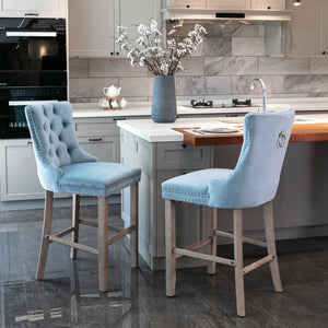 English Elm Contemporary Velvet Upholstered Barstool with Button Tufting, Solid Wood Frame, High-Rebound Foam Cushion and Chrome Nailhead Trim for Durable Comfort and Style Light Blue W1143P177582