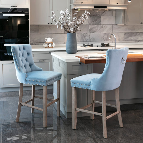 English Elm Contemporary Velvet Upholstered Barstool with Button Tufting, Solid Wood Frame, High-Rebound Foam Cushion and Chrome Nailhead Trim for Durable Comfort and Style Light Blue W1143P177582