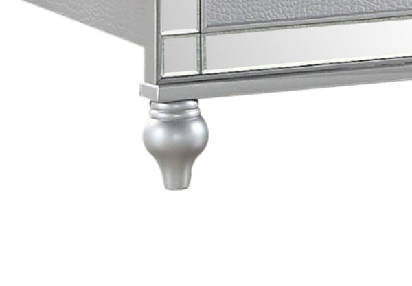 English Elm Sterling King Bed Silver upholstered crystal tufted headboard with LED lighting, mirror-front glam wood finish 808857585929