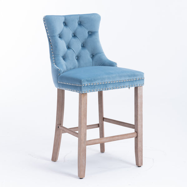 English Elm Contemporary Velvet Upholstered Barstool with Button Tufting, Solid Wood Frame, High-Rebound Foam Cushion and Chrome Nailhead Trim for Durable Comfort and Style Light Blue W1143P177582