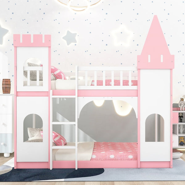 English Elm Twin Over Castle Bunk Bed Solid Pine Frame Kids Playroom Storybook Design LT000799AAH