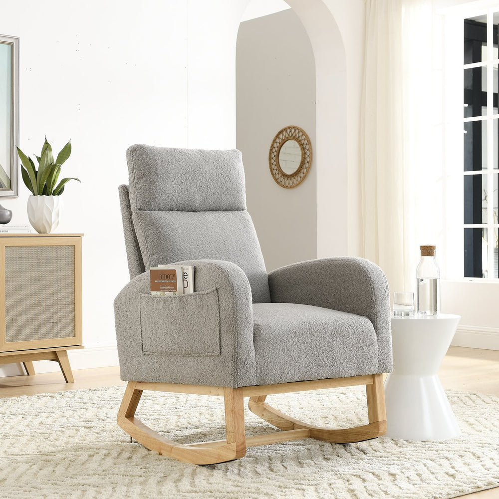 English Elm Welike Single-Position Rocking Chair with Teddy Fleece Upholstery, High Back Comfort & Side Pocket Grey Teddy W83472306