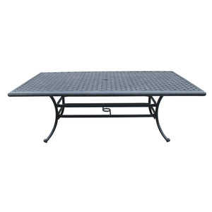 English Elm Rectangle Dining Table Dark Lava Bronze Aluminum 46x86 Lattice Design 2" Umbrella Hole Seats 6 Robust ABQ-AHF-LD1031C