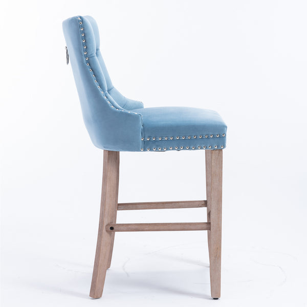 English Elm Contemporary Velvet Upholstered Barstool with Button Tufting, Solid Wood Frame, High-Rebound Foam Cushion and Chrome Nailhead Trim for Durable Comfort and Style Light Blue W1143P177582