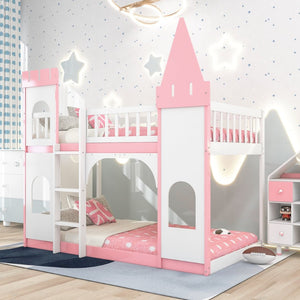 English Elm Twin Over Castle Bunk Bed Solid Pine Frame Kids Playroom Storybook Design LT000799AAH