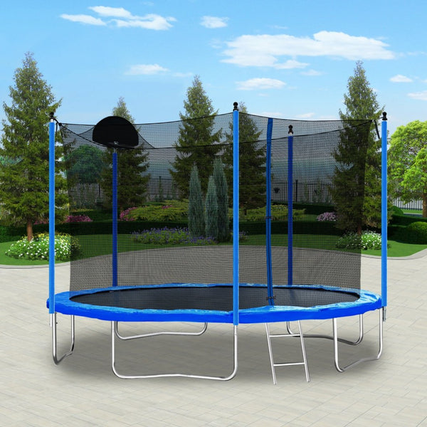English Elm 12ft Backyard Trampoline with Basketball Hoop Safety Enclosure Net and Steel Ladder W28550119