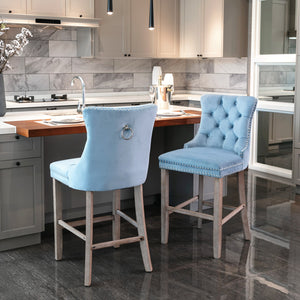 English Elm Contemporary Velvet Upholstered Barstool with Button Tufting, Solid Wood Frame, High-Rebound Foam Cushion and Chrome Nailhead Trim for Durable Comfort and Style Light Blue W1143P177582