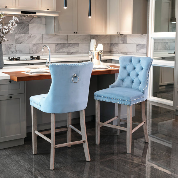 English Elm Contemporary Velvet Upholstered Barstool with Button Tufting, Solid Wood Frame, High-Rebound Foam Cushion and Chrome Nailhead Trim for Durable Comfort and Style Light Blue W1143P177582