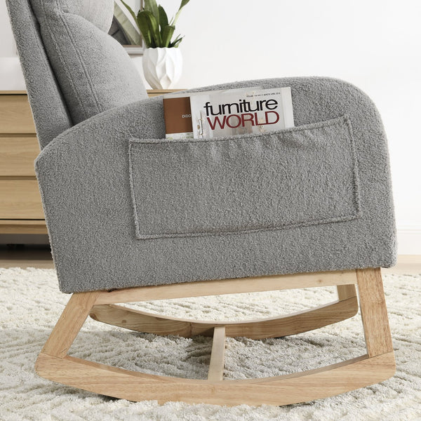 English Elm Welike Single-Position Rocking Chair with Teddy Fleece Upholstery, High Back Comfort & Side Pocket Grey Teddy W83472306