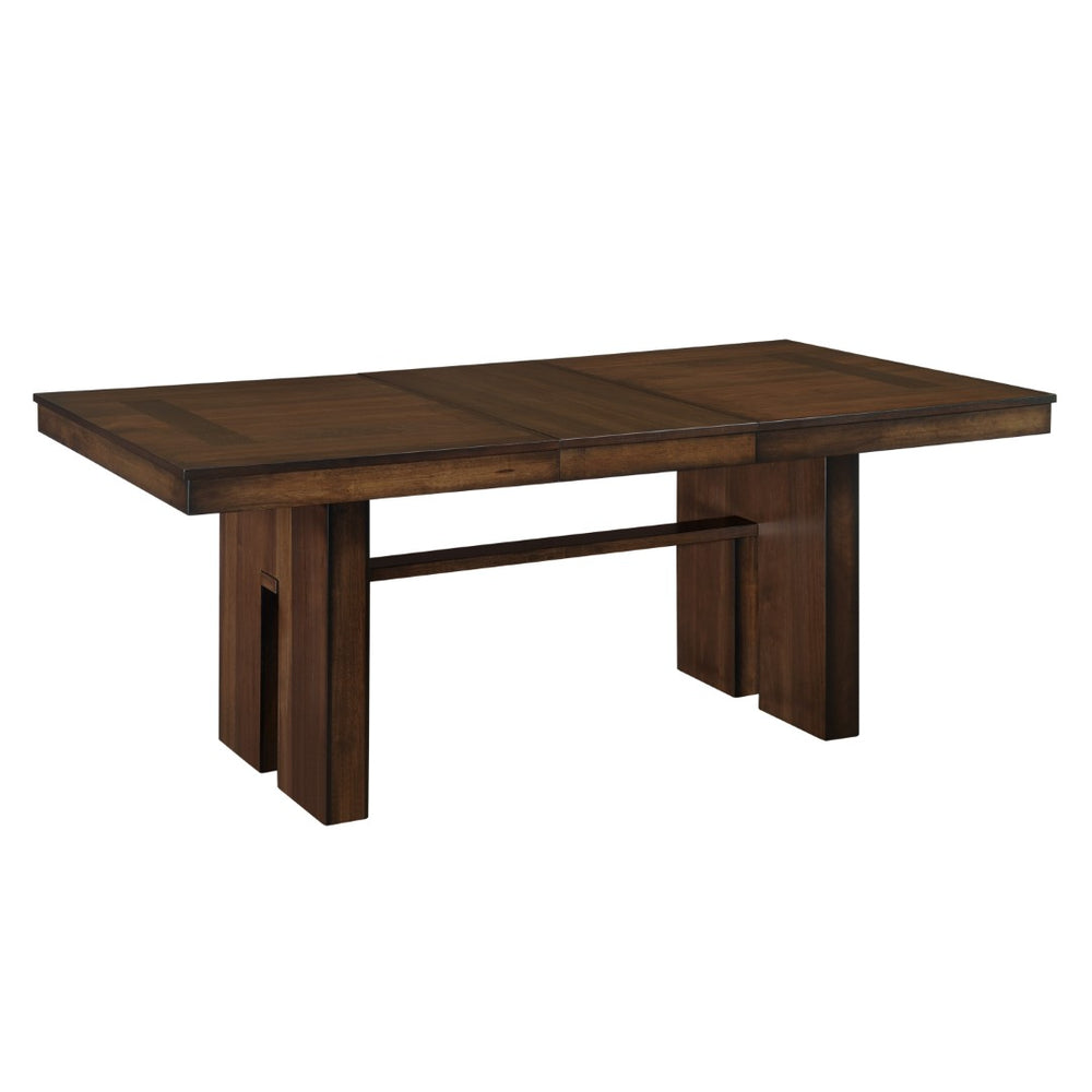 English Elm Contemporary Walnut Veneer Extendable Dining Table with Self-storing Leaf Trestle Base B011S00169