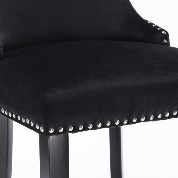 English Elm A&A Velvet Upholstered Wingback Barstools with Button Tufting, Wooden Legs & Chrome Nailhead Trim Black W114343481