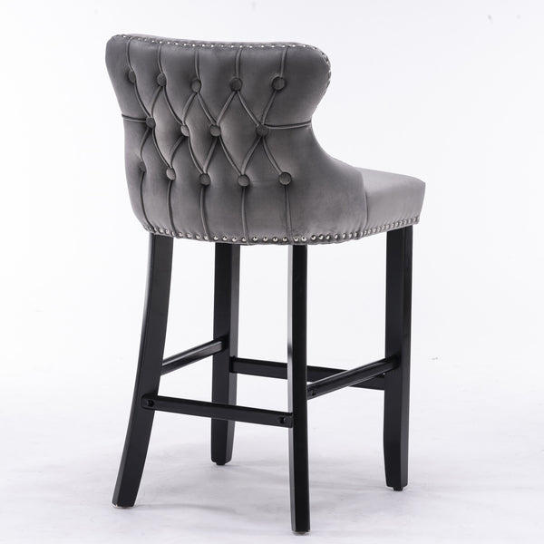 English Elm A&A Velvet Upholstered Wingback Barstools with Button Tufting, Wooden Legs & Chrome Nailhead Trim Gray W114343478