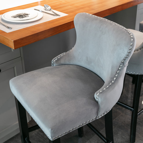 English Elm A&A Velvet Upholstered Wingback Barstools with Button Tufting, Wooden Legs & Chrome Nailhead Trim Gray W114343478