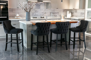English Elm A&A Velvet Upholstered Wingback Barstools with Button Tufting, Wooden Legs & Chrome Nailhead Trim Black W114343481