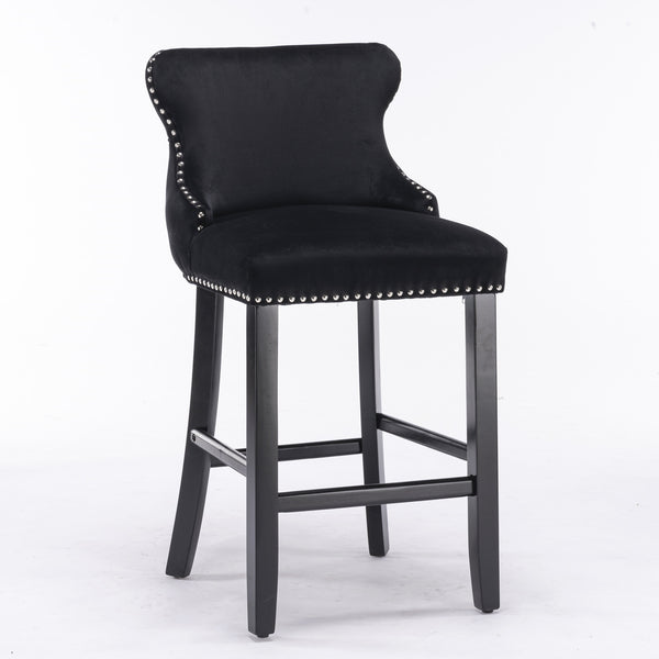 English Elm A&A Velvet Upholstered Wingback Barstools with Button Tufting, Wooden Legs & Chrome Nailhead Trim Black W114343481