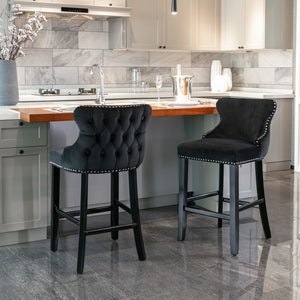 English Elm A&A Velvet Upholstered Wingback Barstools with Button Tufting, Wooden Legs & Chrome Nailhead Trim Black W114343481
