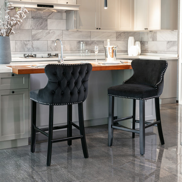 English Elm A&A Velvet Upholstered Wingback Barstools with Button Tufting, Wooden Legs & Chrome Nailhead Trim Black W114343481