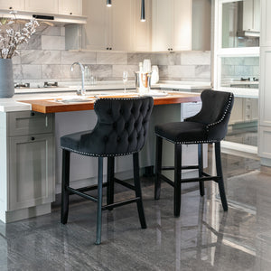 English Elm A&A Velvet Upholstered Wingback Barstools with Button Tufting, Wooden Legs & Chrome Nailhead Trim Black W114343481