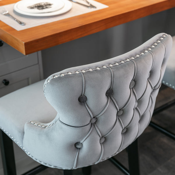 English Elm A&A Velvet Upholstered Wingback Barstools with Button Tufting, Wooden Legs & Chrome Nailhead Trim Gray W114343478