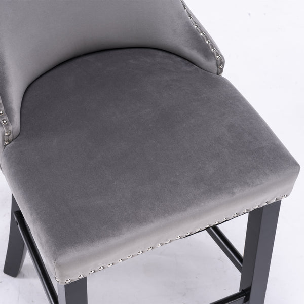 English Elm A&A Velvet Upholstered Wingback Barstools with Button Tufting, Wooden Legs & Chrome Nailhead Trim Gray W114343478