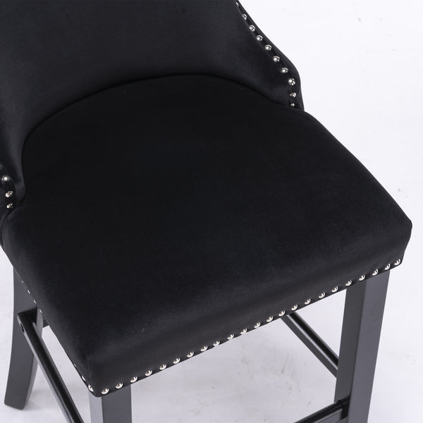 English Elm A&A Velvet Upholstered Wingback Barstools with Button Tufting, Wooden Legs & Chrome Nailhead Trim Black W114343481