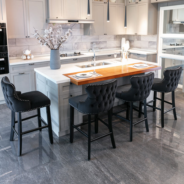 English Elm A&A Velvet Upholstered Wing-Back Barstools with Button Tufting, Chrome Nailhead Trim & Solid Wood Legs Black W114343481