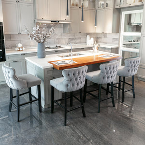 English Elm A&A Velvet Upholstered Wingback Barstools with Button Tufting, Wooden Legs & Chrome Nailhead Trim Gray W114343478