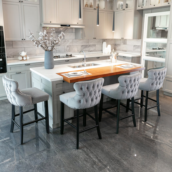 English Elm A&A Velvet Upholstered Wingback Barstools with Button Tufting, Wooden Legs & Chrome Nailhead Trim Gray W114343478
