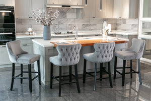 English Elm A&A Velvet Upholstered Wingback Barstools with Button Tufting, Wooden Legs & Chrome Nailhead Trim Gray W114343478