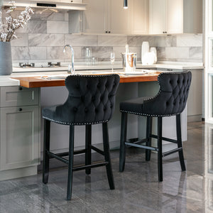 English Elm A&A Velvet Upholstered Wingback Barstools with Button Tufting, Wooden Legs & Chrome Nailhead Trim Black W114343481