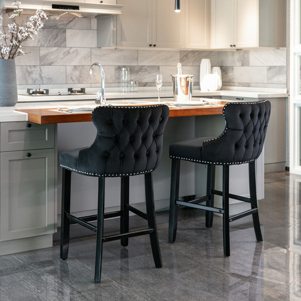 English Elm A&A Velvet Upholstered Wingback Barstools with Button Tufting, Wooden Legs & Chrome Nailhead Trim Black W114343481