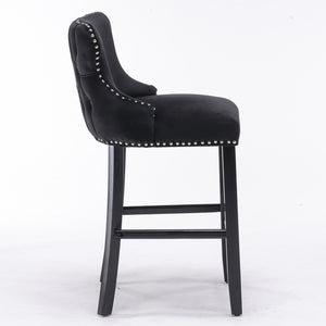 English Elm A&A Velvet Upholstered Wingback Barstools with Button Tufting, Wooden Legs & Chrome Nailhead Trim Black W114343481