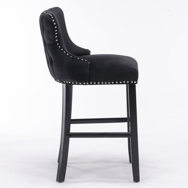 English Elm A&A Velvet Upholstered Wingback Barstools with Button Tufting, Wooden Legs & Chrome Nailhead Trim Black W114343481